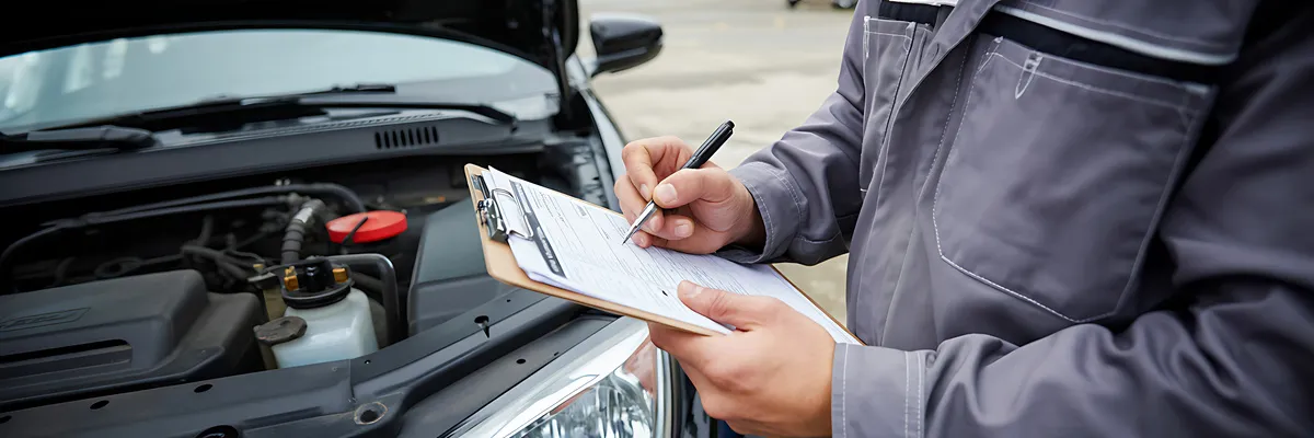 Kfz-Sachverständigenbüro Patrick Kunkel Wiesthal – Ein Mechaniker in grauer Arbeitskleidung inspiziert einen Automotor, hält dabei ein Klemmbrett und einen Stift in der Hand und macht sich bei hellem Tageslicht Notizen zur Fahrzeugprüfung 